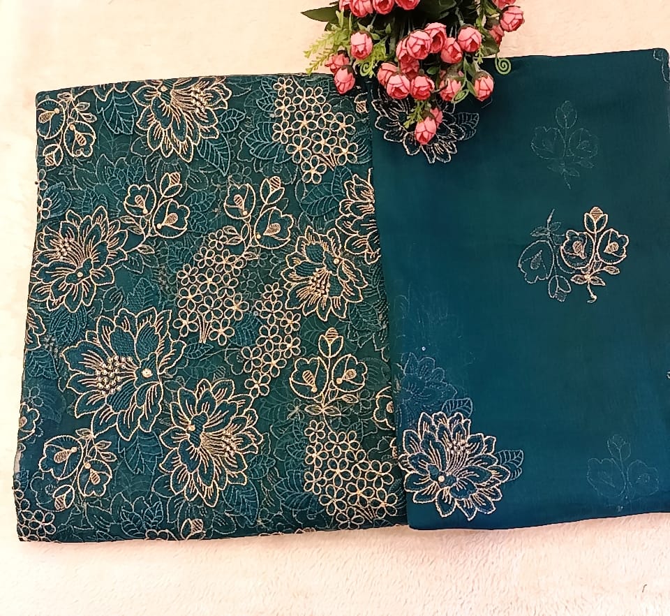 Teal Elegance: Laser-Cut Embroidered Shirt & Chiffon Dupatta Set