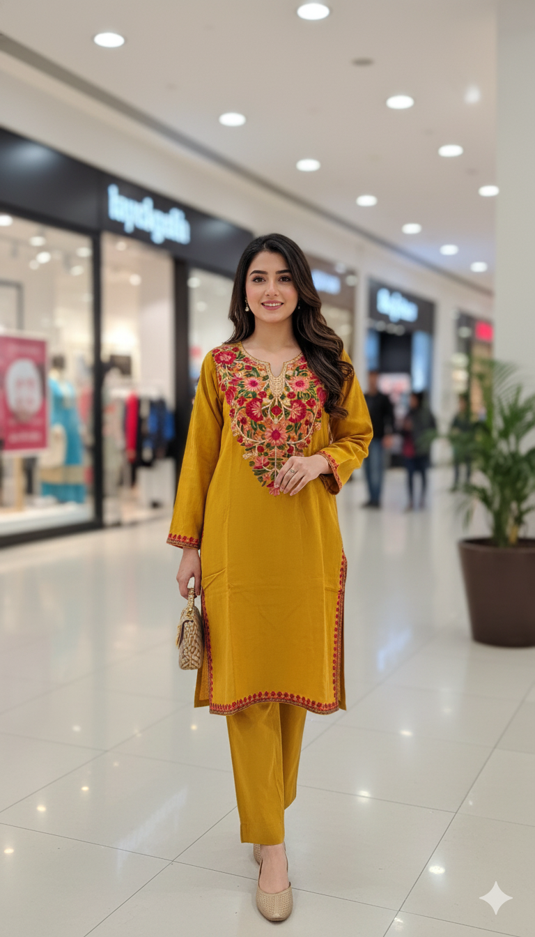 Pashmina Aari Embroidery Pheran in Mustard