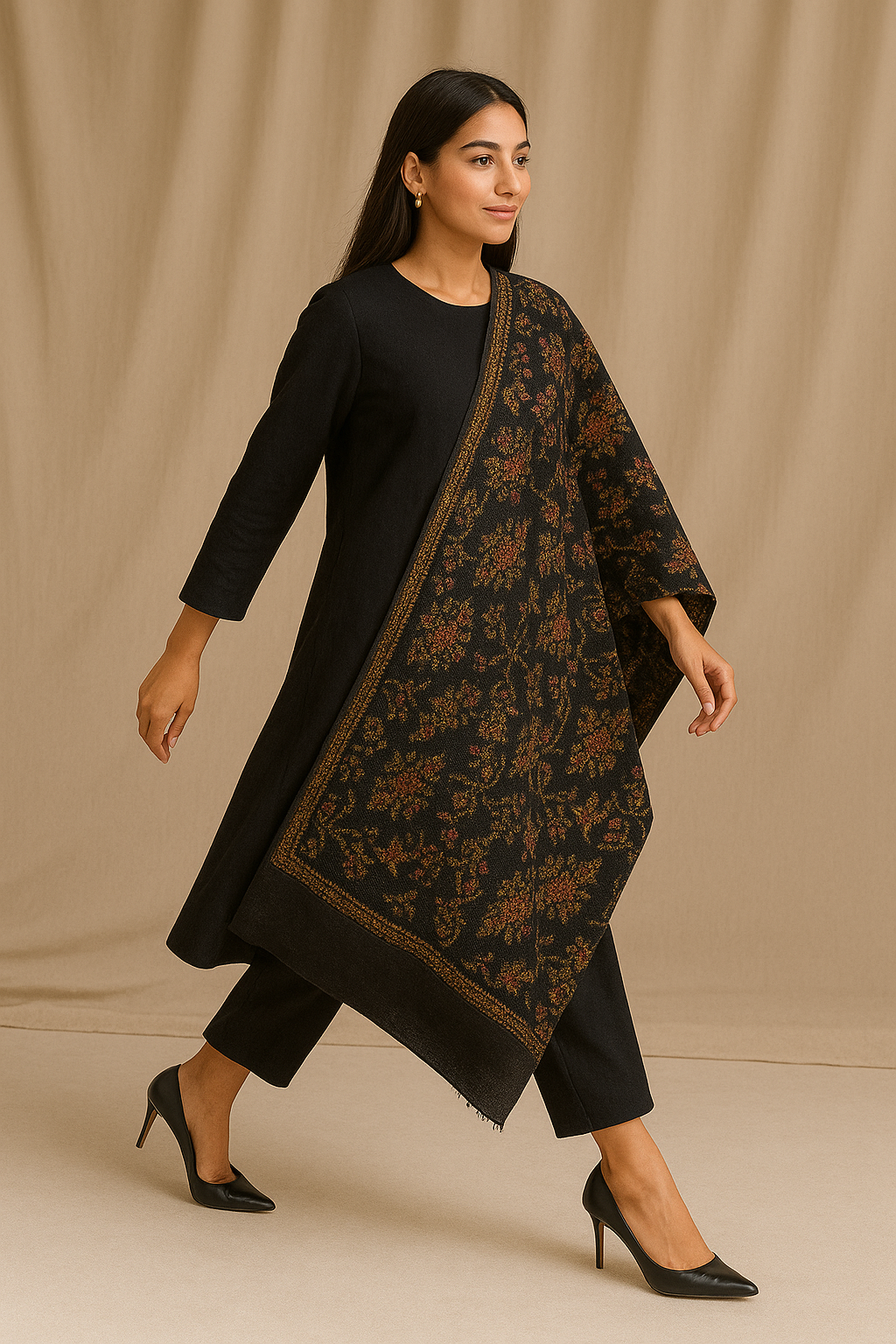 Luxury Needle Embroidery Pashmina Shawl – Black Floral Elegance