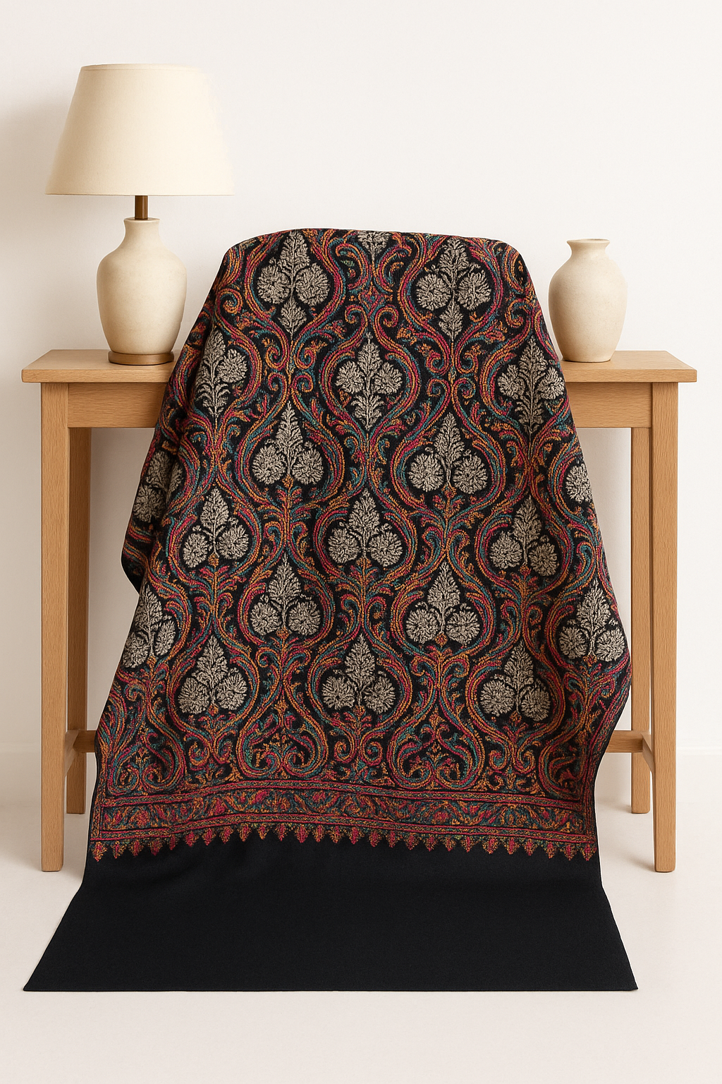 Luxury Kashmiri Aari Embroidered Pashmina Shawl Midnight Black