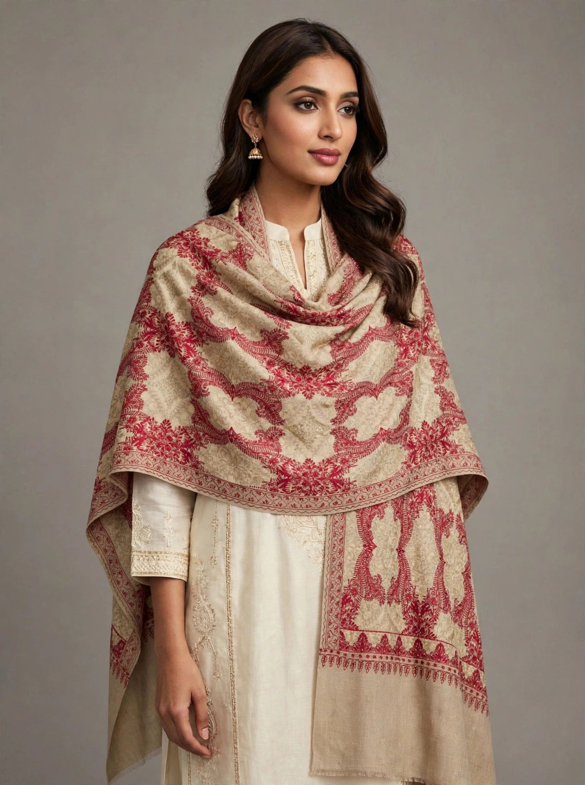 Beige Kashmiri Pashmina Shawl with Raspberry Pink Aari Embroidery