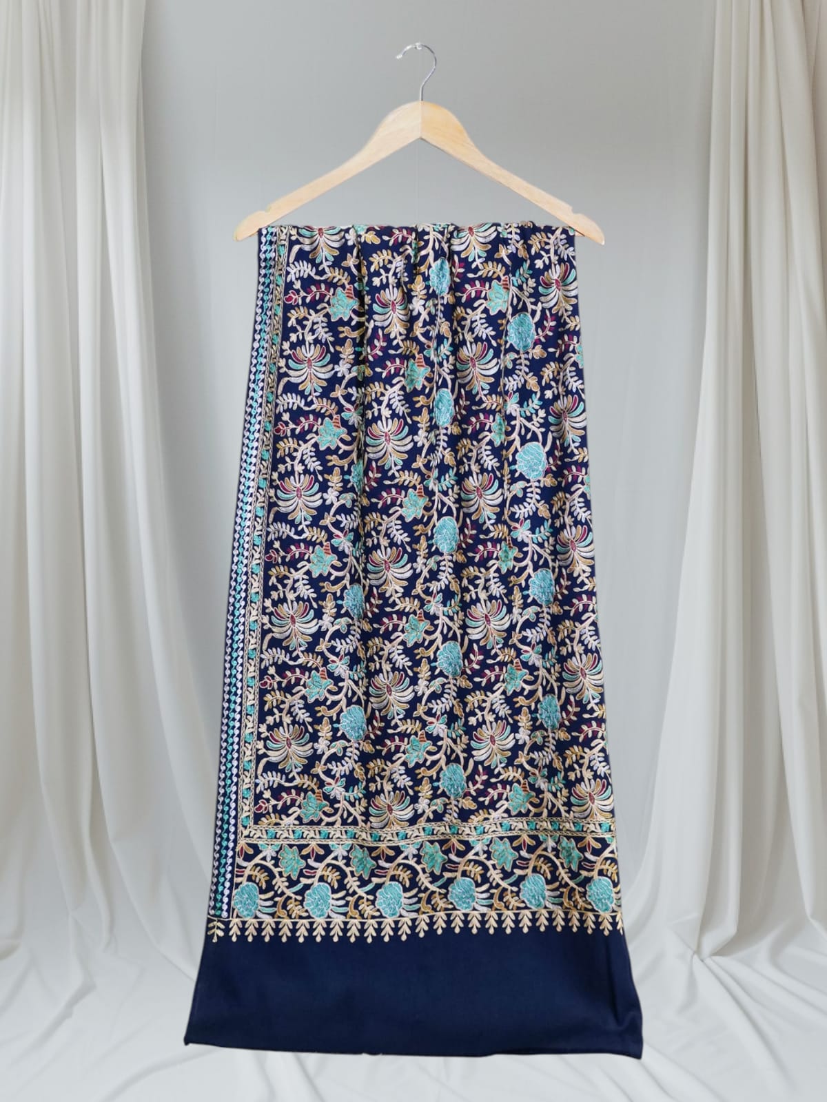 Elegant Navy Blue Pashmina Shawl with Floral Embroidery