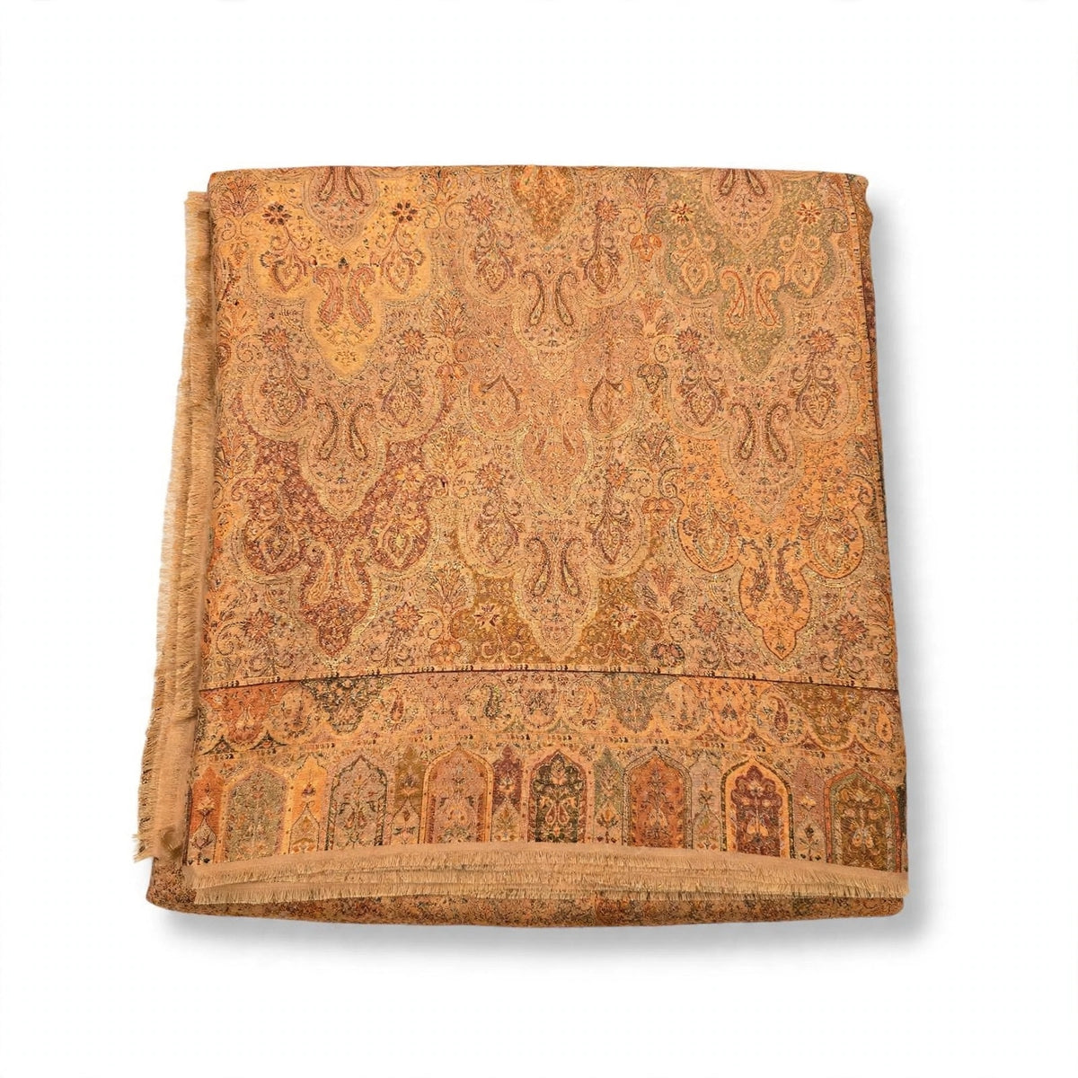 Reversible Kani Silk Zari Shawl - Beige Gold Paisley Pashmina Wrap