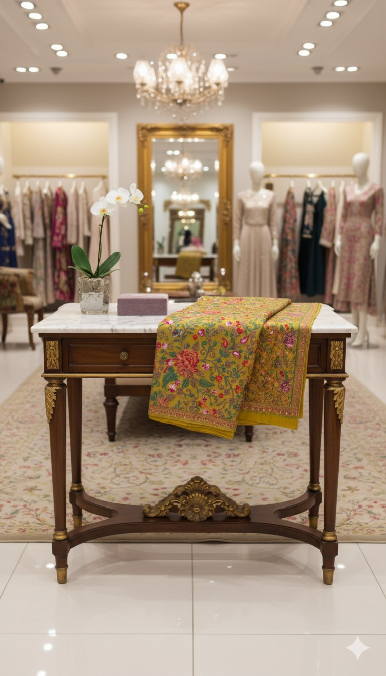 Mustard Pashmina Shawl with Aari Embroidery Floral Grandeur