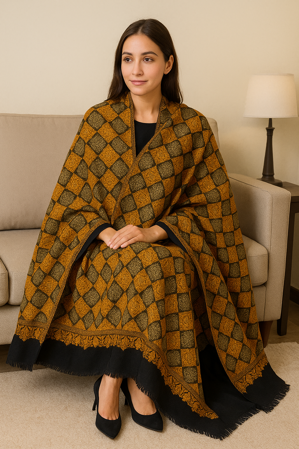 Luxury Aari Embroidery Pashmina Shawl Golden Black Elegance