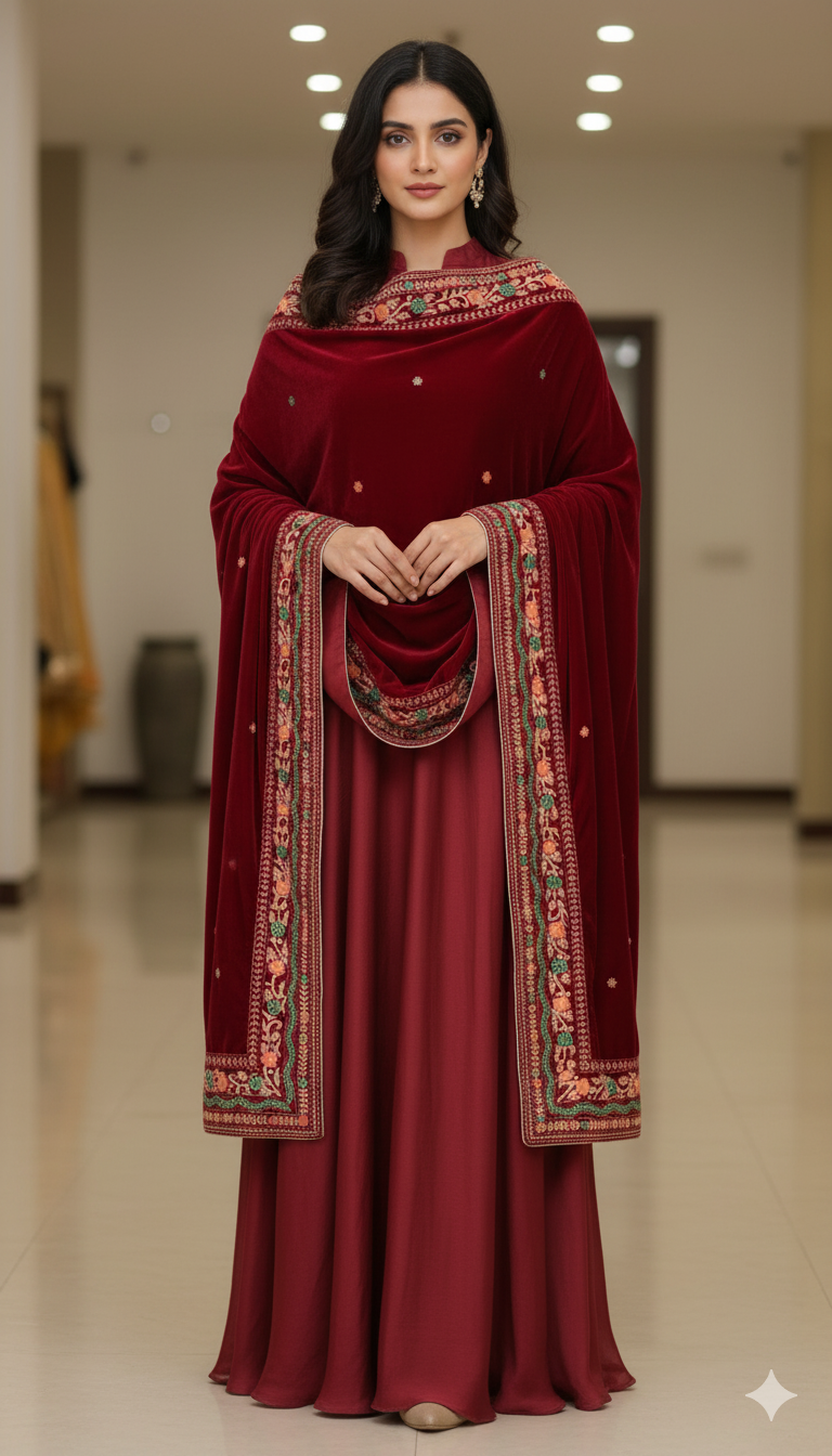 Luxury Maroon Velvet Hand-Embroidered Shawl