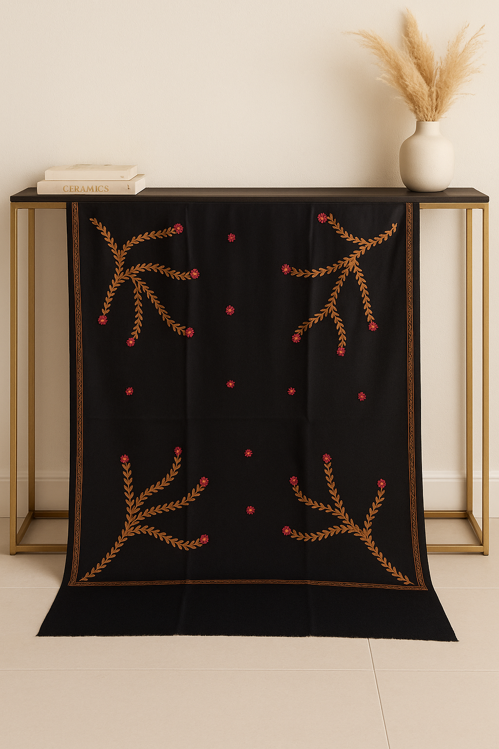 Black Needle Embroidered Pashmina Shawl Handcrafted Floral Elegance