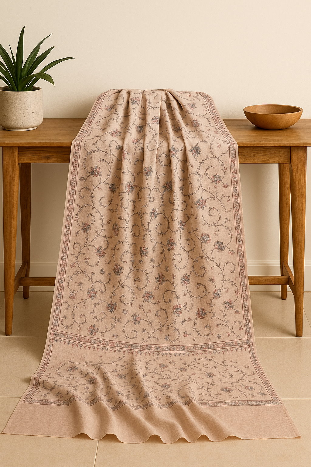 Elegant Needle Embroidered Pashmina Shawl  Beige