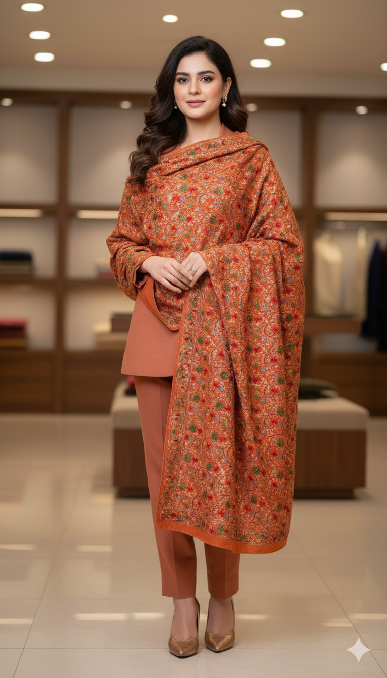 Handcrafted Aari Embroidery Pashmina Shawl  Burnt Rust Elegance