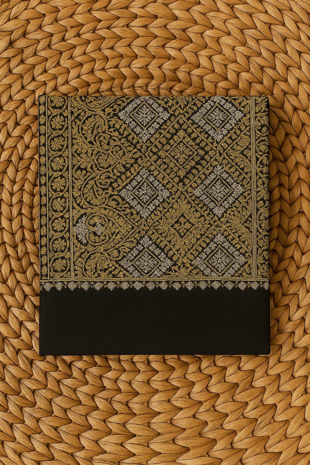Aari Embroidery Pashmina Shawl – Black & Gold Grandeur