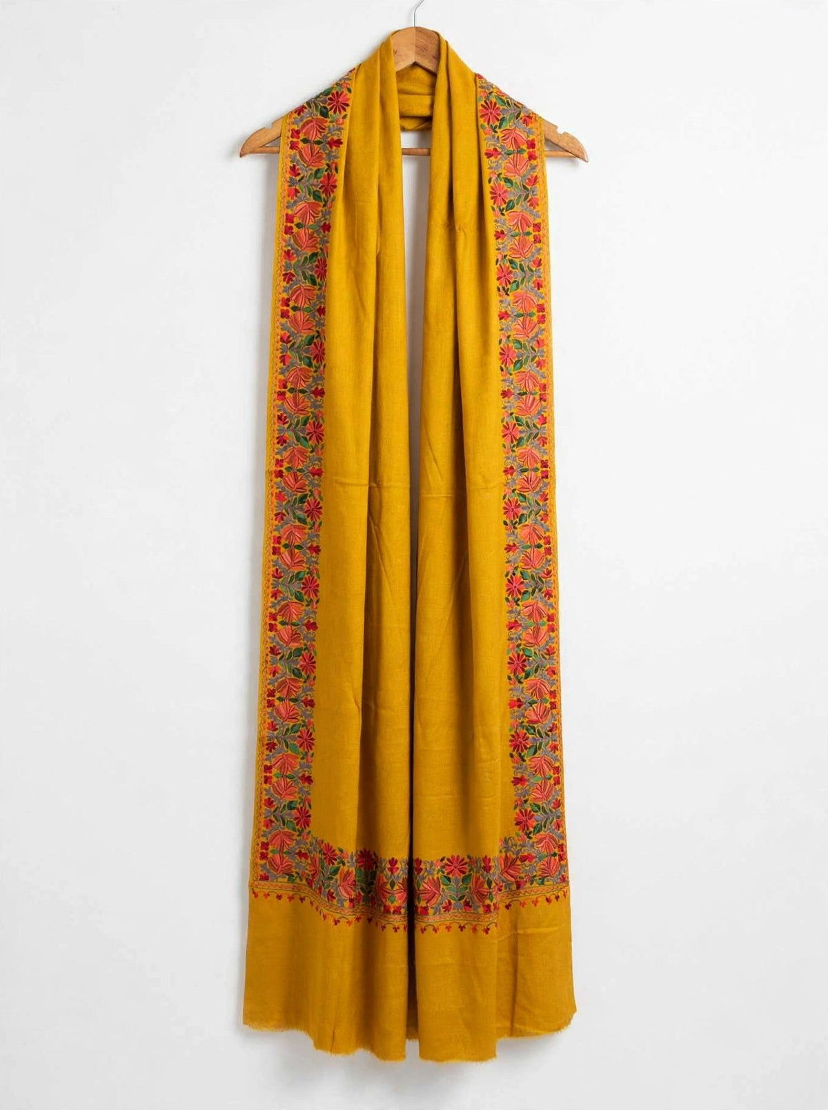 Mustard Bloom -Embroidered Pure Pashmina Shawl with Kashmiri Aari Border
