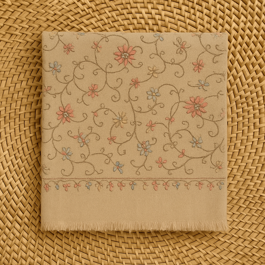 Luxury Shadow Work Embroidered Pashmina Shawl – Beige
