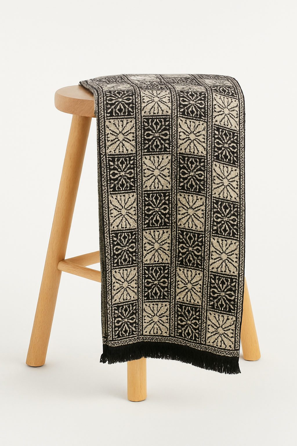 Elegant Black & Beige Wool Stoler  Geometric Floral Pattern