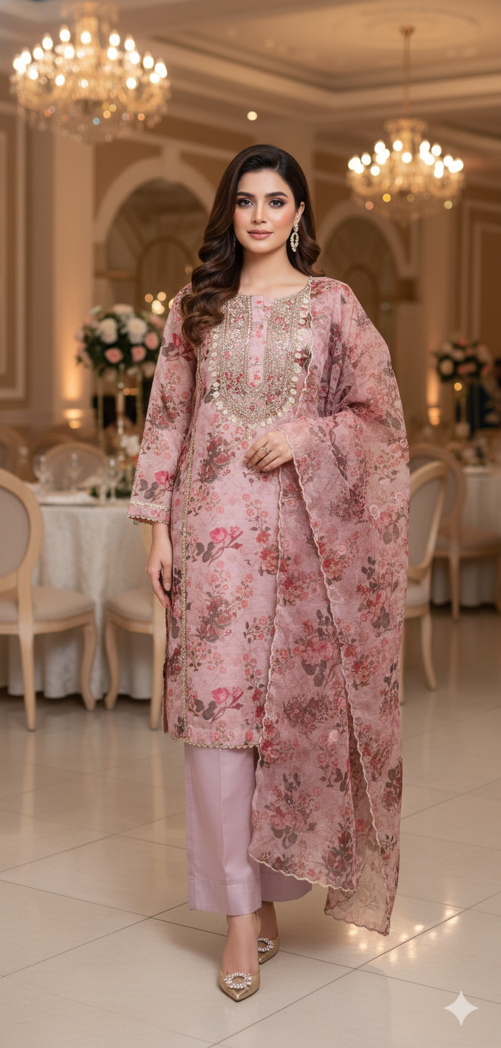 Exquisite Hand-Embroidered Organza & Paper Silk 3-Piece Suit Silk Ensemble