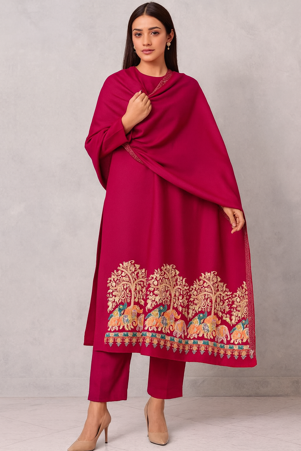 Regal Magenta Pashmina Shawl  Elephant & Tree Embroidery