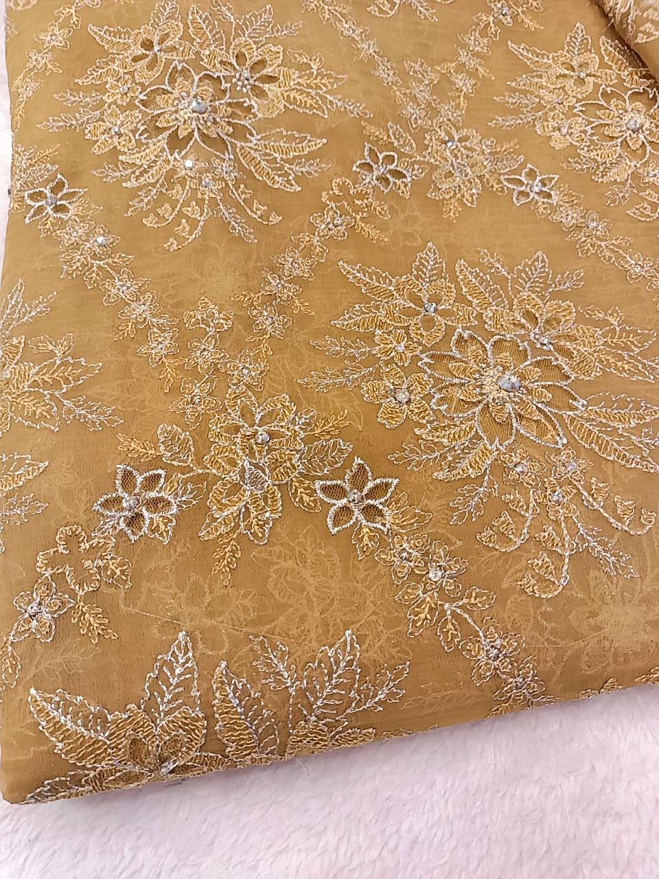 Mustard Laser-Cut Embroidered Bareeze Shirt with Chiffon Dupatta