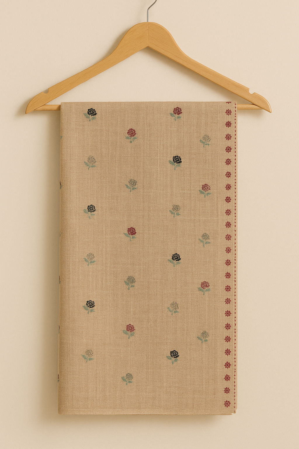 Beige Pashmina Embroidered Shawl with Floral Motifs & Red Border