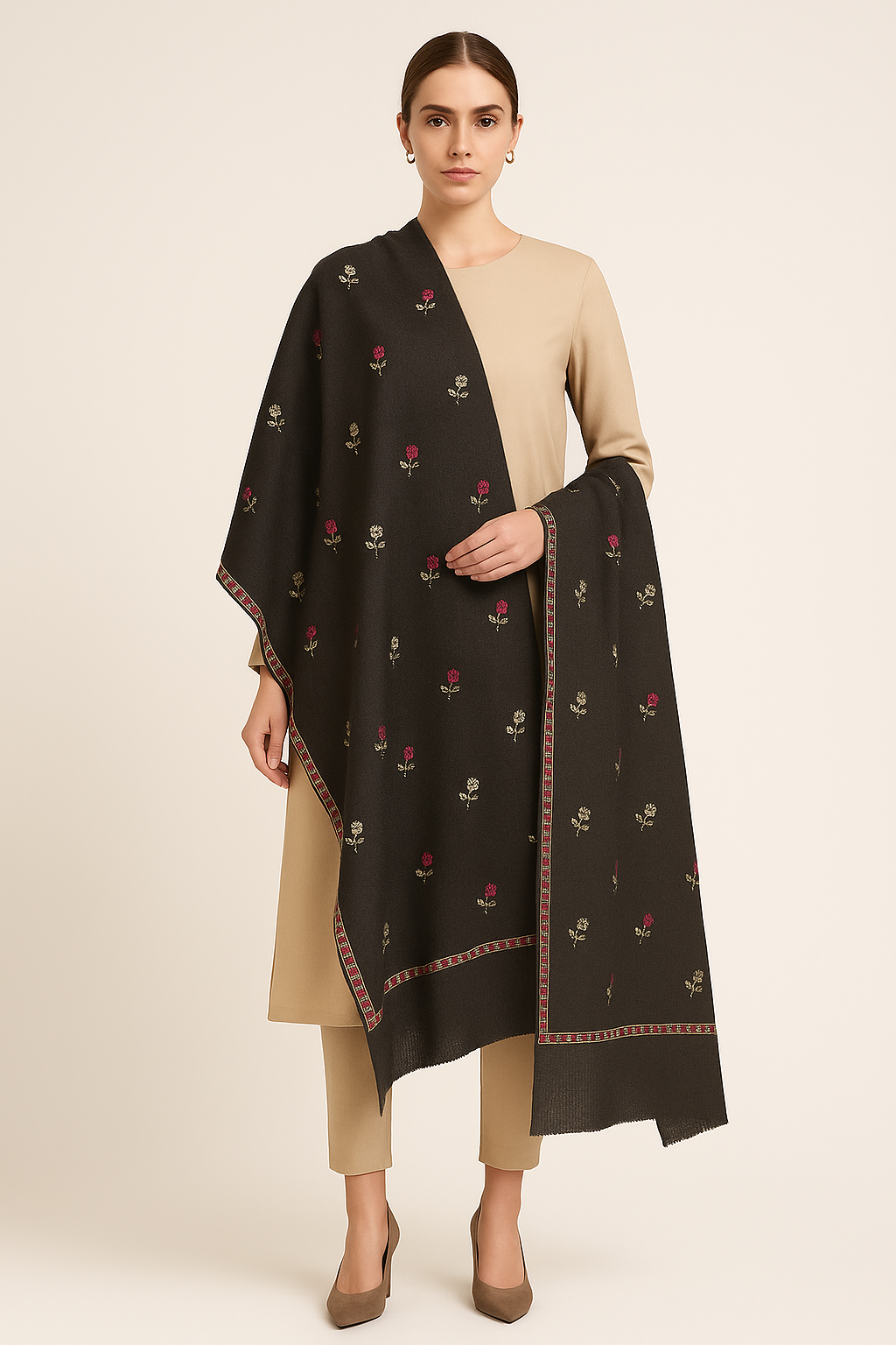 Black Pashmina Shawl with Floral Motifs & Red Border