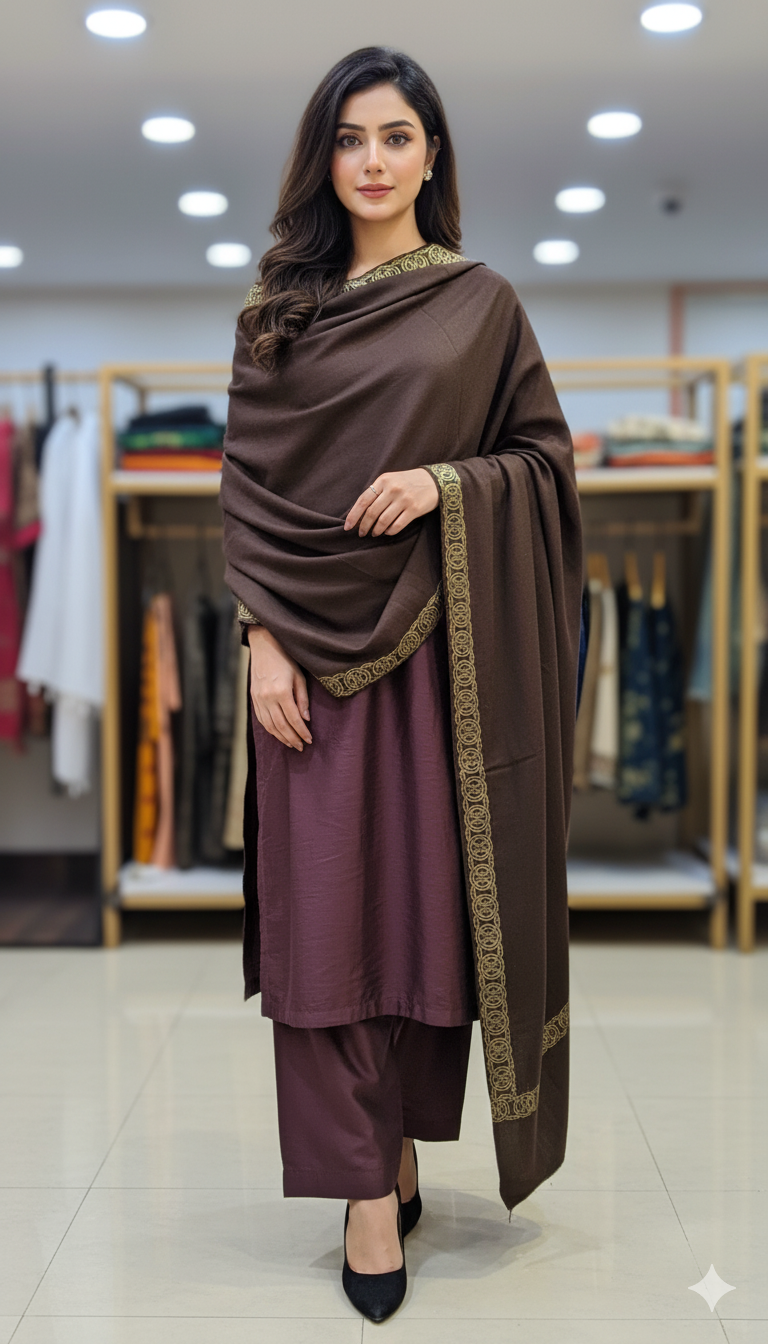 Chocolate Brown Pashmina Shawl with Golden Border