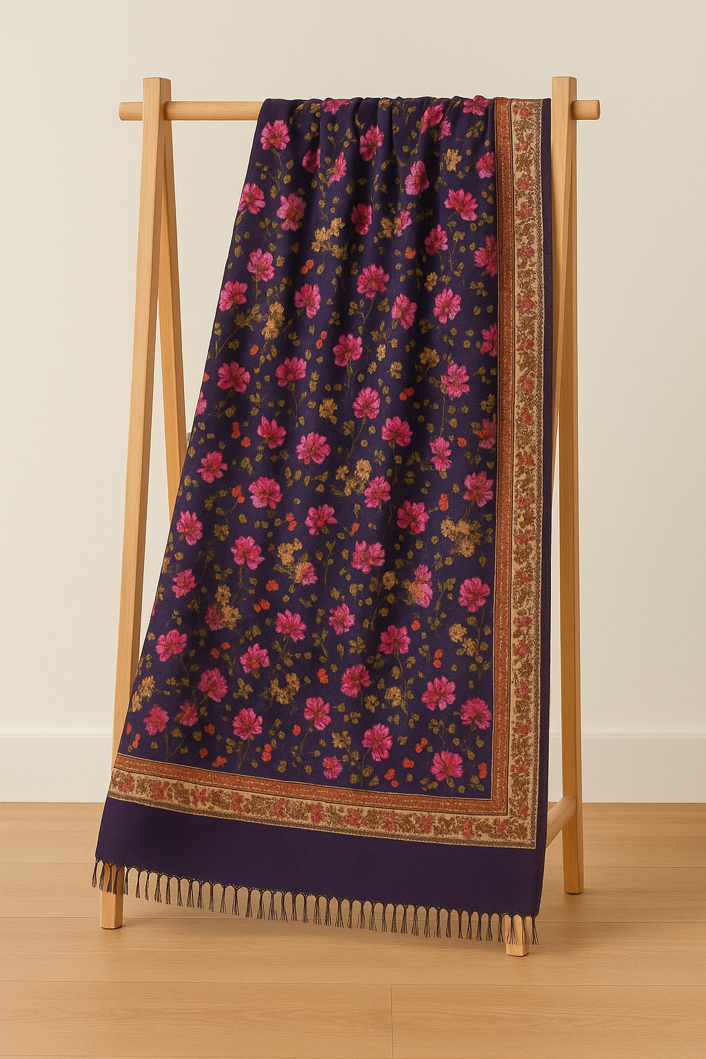 Elegant Floral Printed Pashmina Shawl Deep Violet
