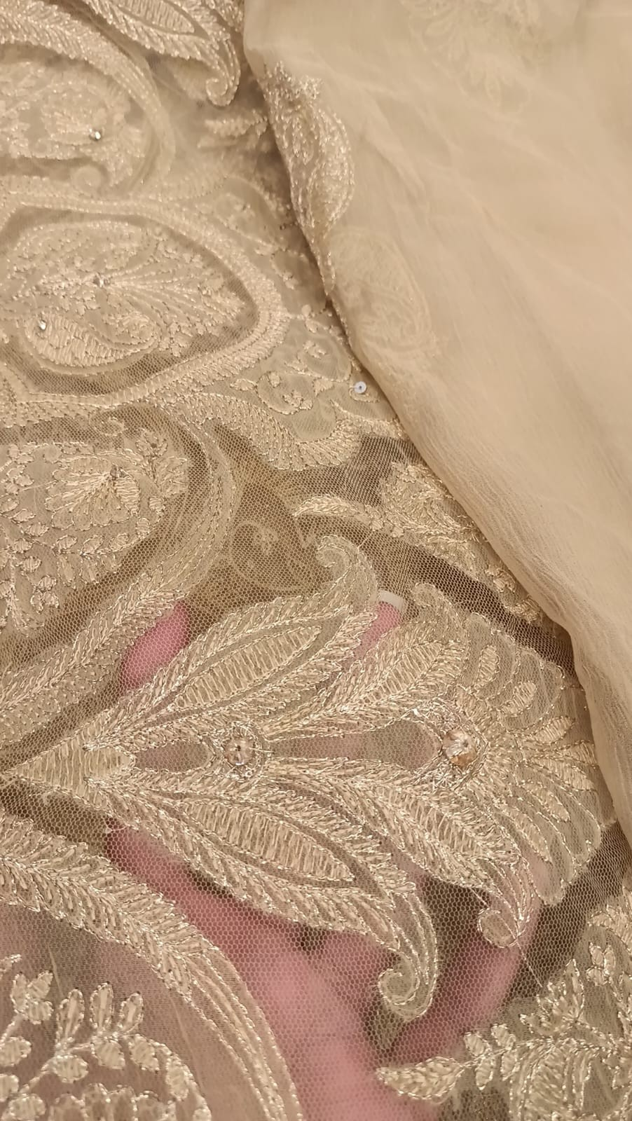 Laser Cutwork Applique Net Suit & Embroidered Chiffon Dupatta