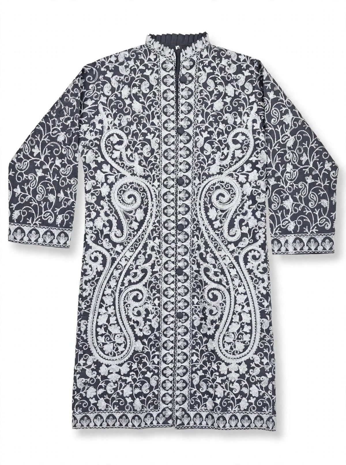 Grey Kashmiri Jacket - White Aari Embroidery Paisley Silk Coat