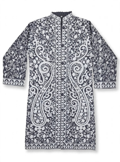 Grey Kashmiri Jacket - White Aari Embroidery Paisley Silk Coat