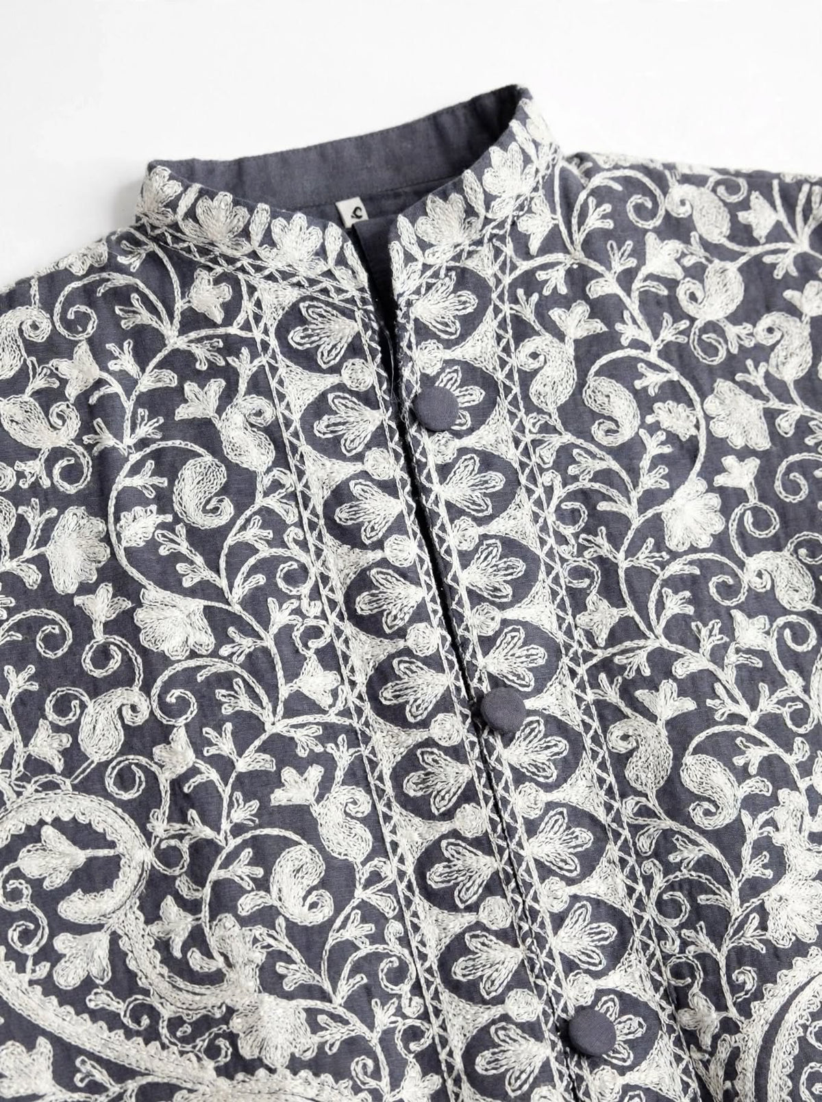 Grey Kashmiri Jacket - White Aari Embroidery Paisley Silk Coat