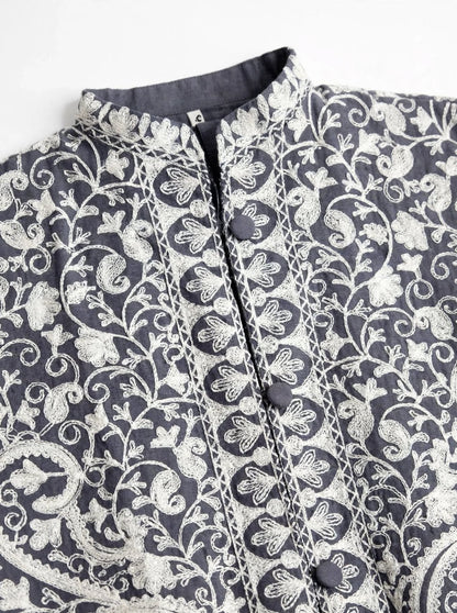 Grey Kashmiri Jacket - White Aari Embroidery Paisley Silk Coat