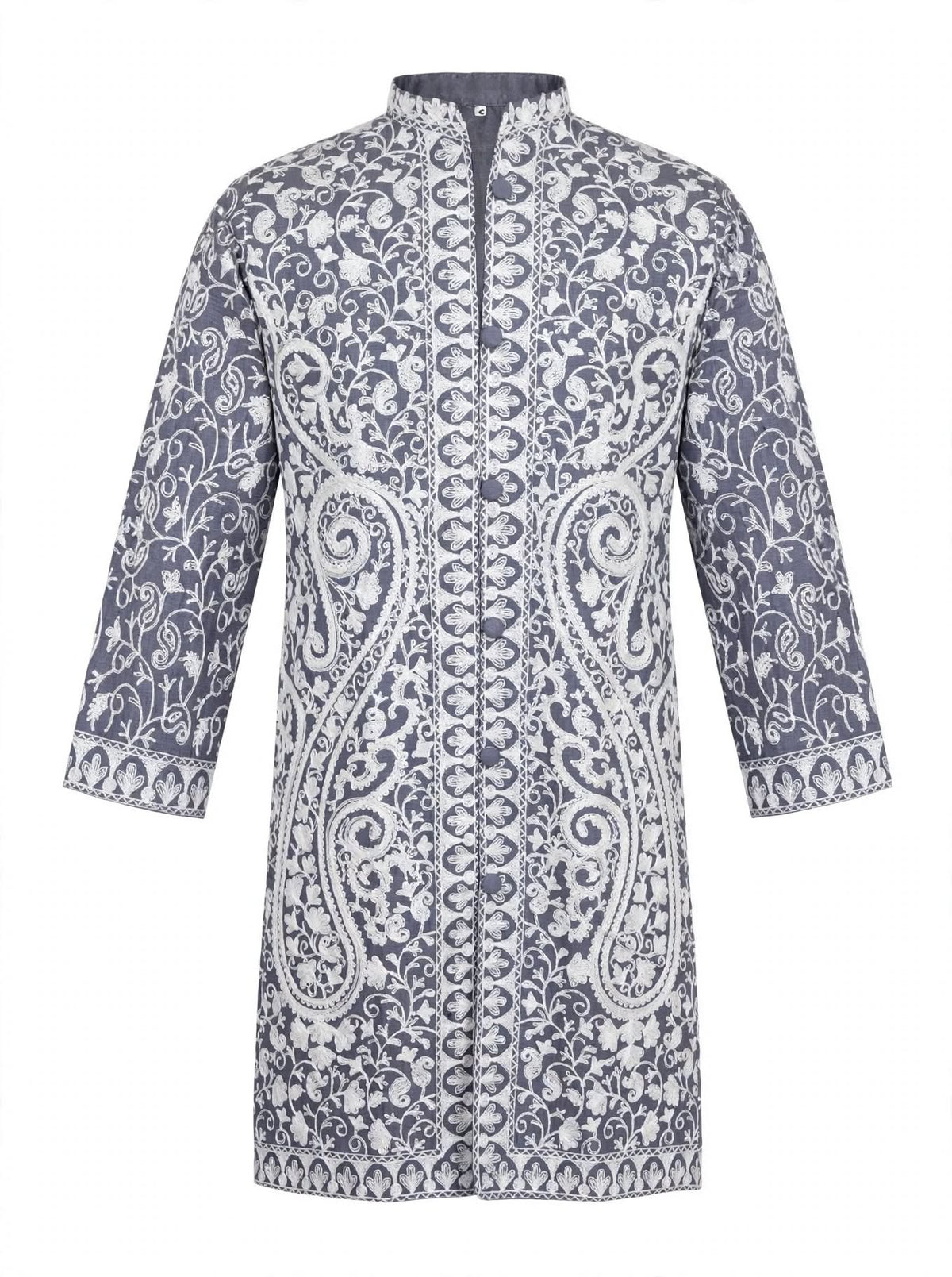 Grey Kashmiri Jacket - White Aari Embroidery Paisley Silk Coat