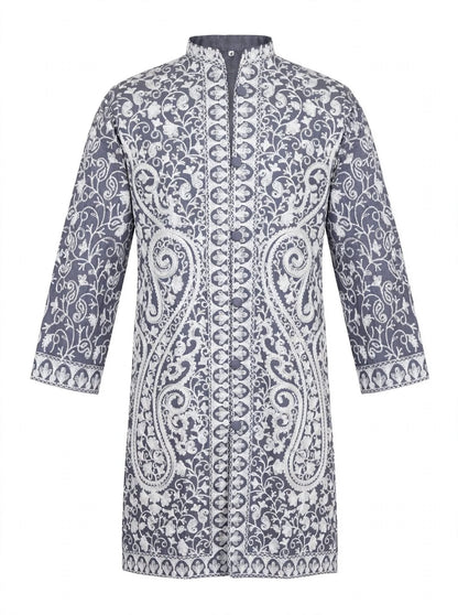 Grey Kashmiri Jacket - White Aari Embroidery Paisley Silk Coat
