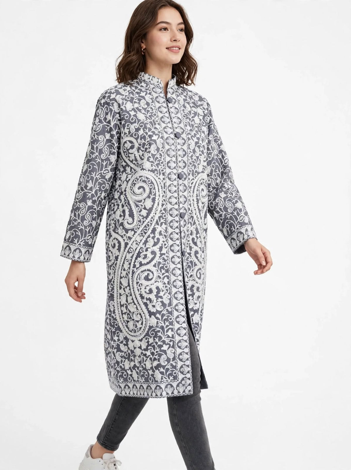 Grey Kashmiri Jacket - White Aari Embroidery Paisley Silk Coat
