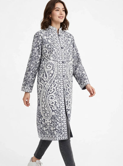 Grey Kashmiri Jacket - White Aari Embroidery Paisley Silk Coat