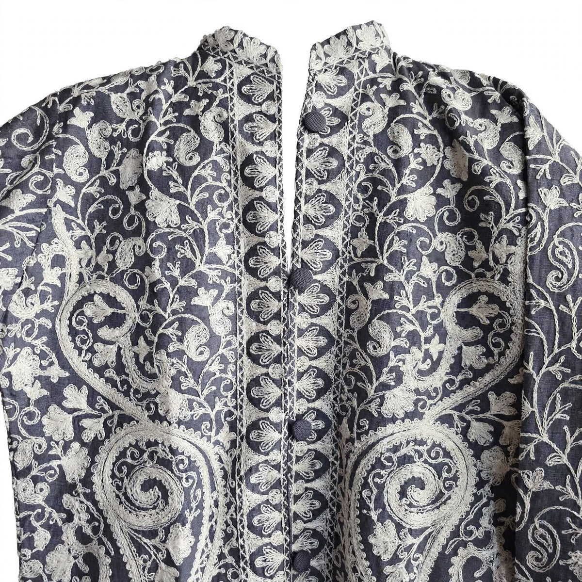 Grey Kashmiri Jacket - White Aari Embroidery Paisley Silk Coat