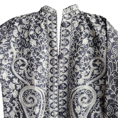 Grey Kashmiri Jacket - White Aari Embroidery Paisley Silk Coat