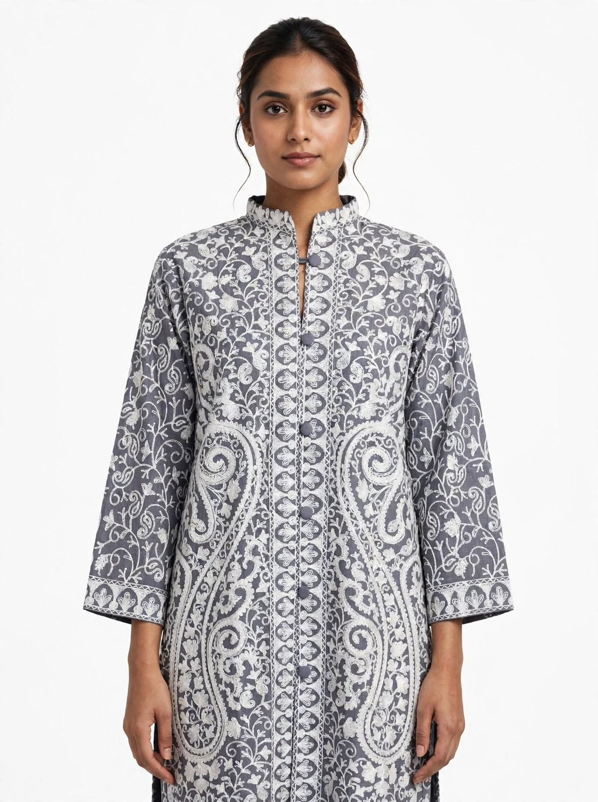 Grey Kashmiri Jacket - White Aari Embroidery Paisley Silk Coat