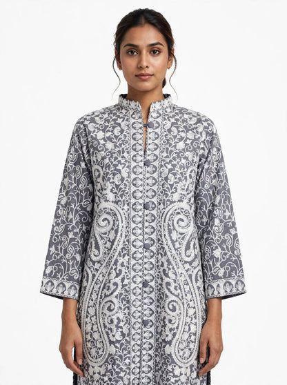 Grey Kashmiri Jacket - White Aari Embroidery Paisley Silk Coat