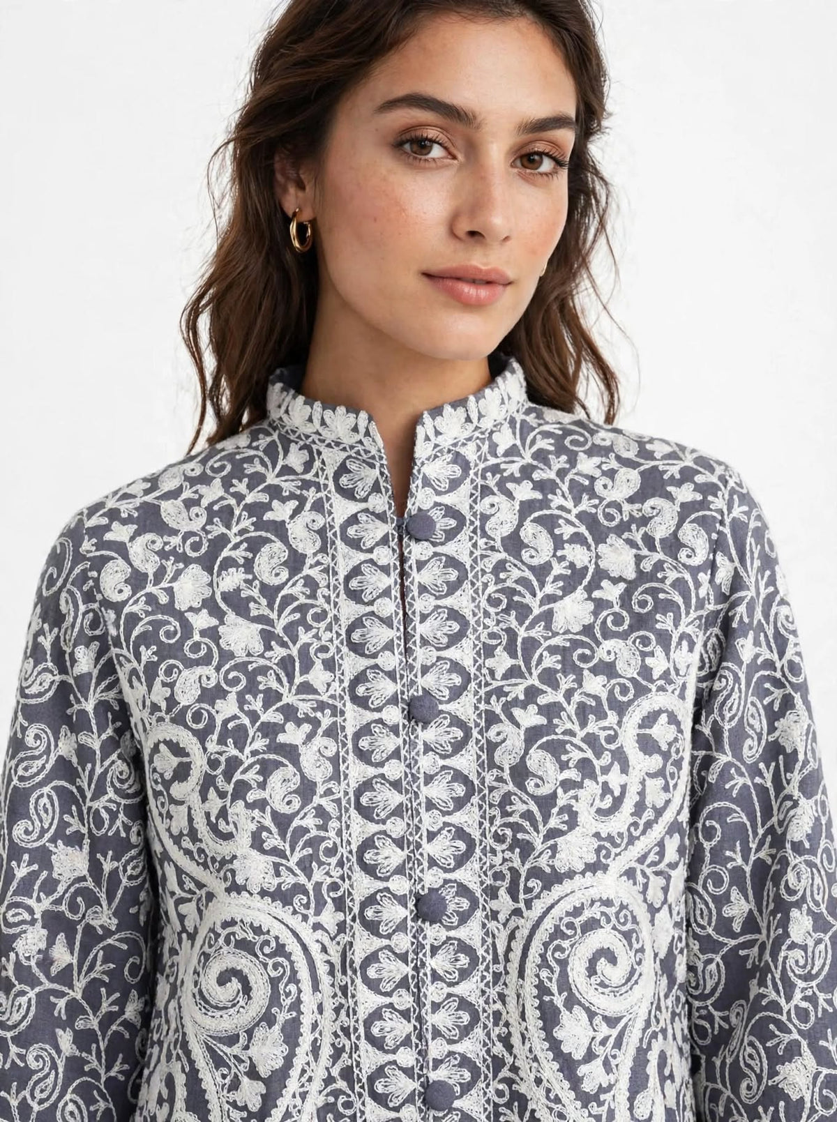 Grey Kashmiri Jacket - White Aari Embroidery Paisley Silk Coat