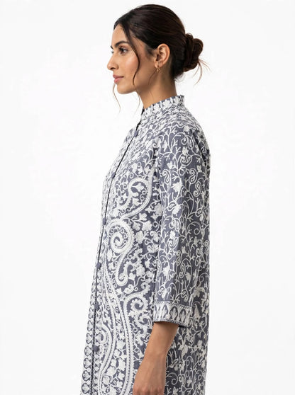 Grey Kashmiri Jacket - White Aari Embroidery Paisley Silk Coat