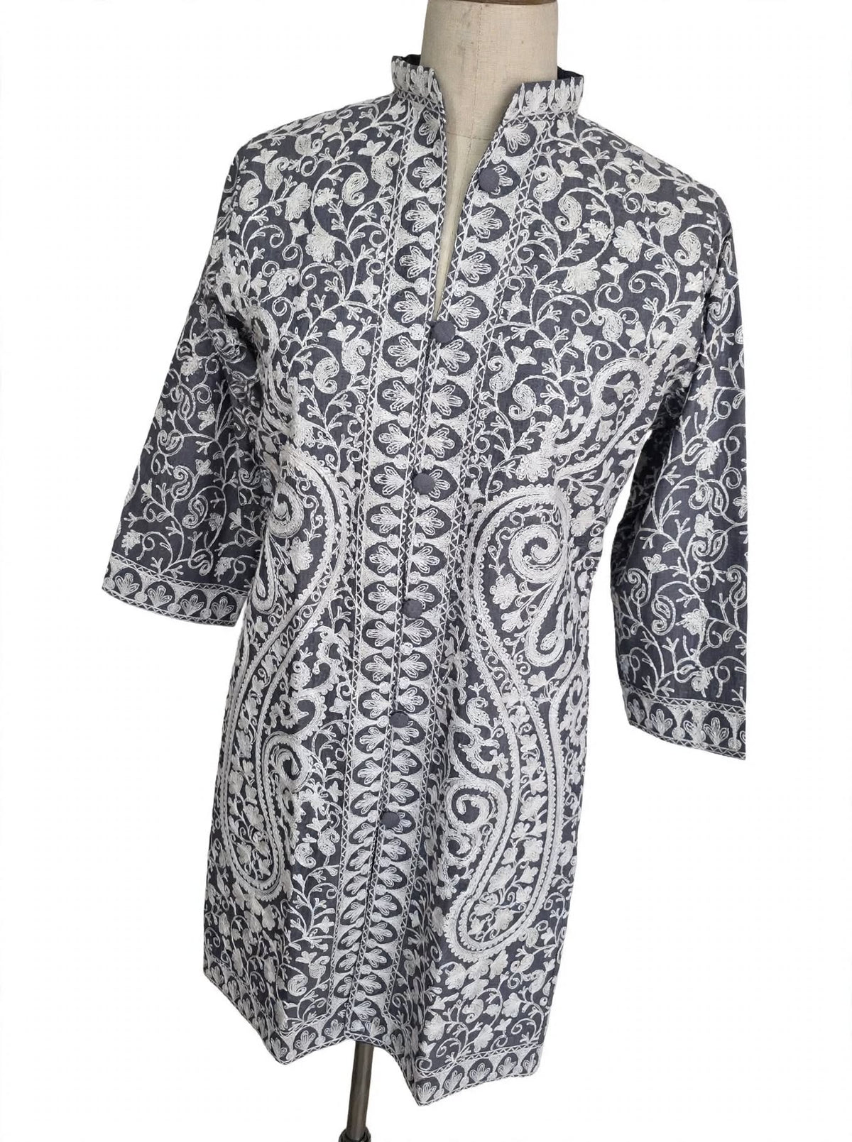 Grey Kashmiri Jacket - White Aari Embroidery Paisley Silk Coat