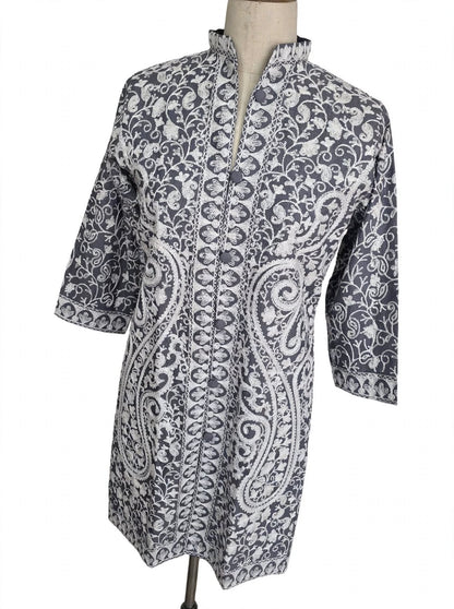 Grey Kashmiri Jacket - White Aari Embroidery Paisley Silk Coat