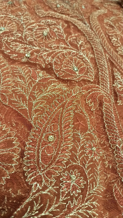 Rust Laser-Cut Applique Net Unstitched Suit