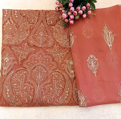 Rust Laser-Cut Applique Net Unstitched Suit
