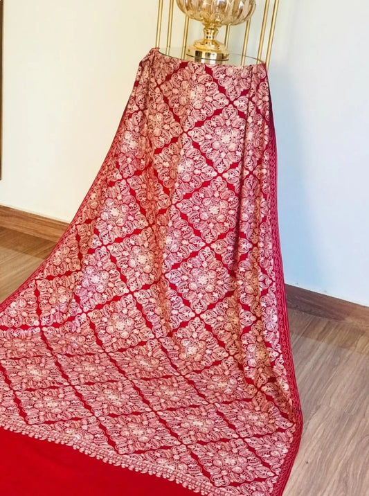 Kashmiri Pashmina Shawl - beige Aari Work on red Base | Diamond Jaal Design