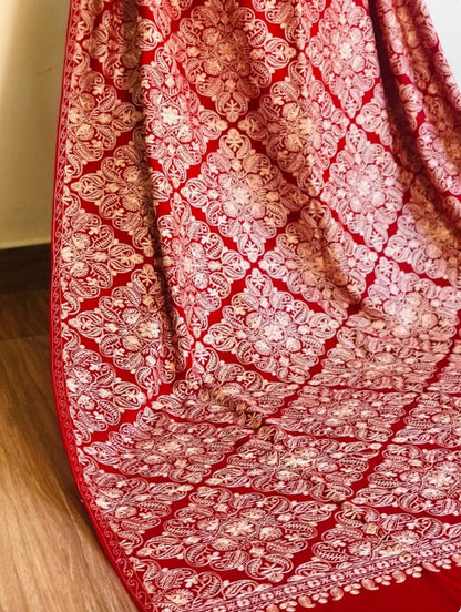 Kashmiri Pashmina Shawl - beige Aari Work on red Base | Diamond Jaal Design