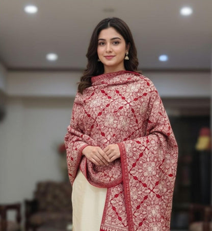 Kashmiri Pashmina Shawl - beige Aari Work on red Base | Diamond Jaal Design