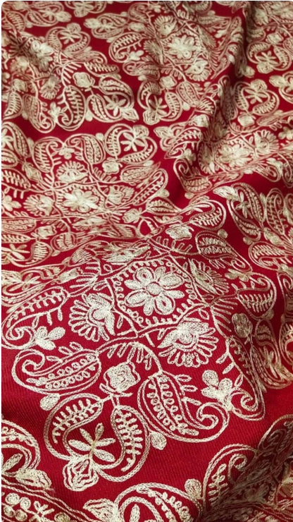 Kashmiri Pashmina Shawl - beige Aari Work on red Base | Diamond Jaal Design