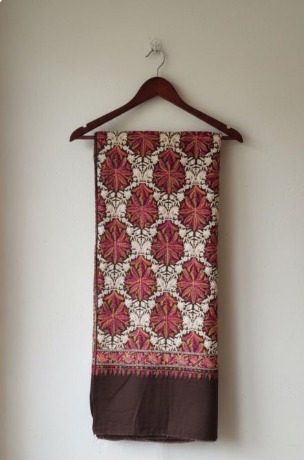 Kashmiri Pashmina Shawl - Aari Work on Brown Base | Diamond Jaal Design