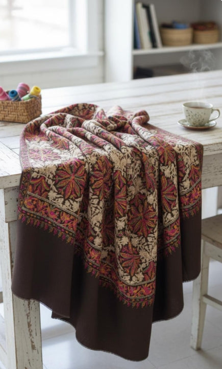 Kashmiri Pashmina Shawl - Aari Work on Brown Base | Diamond Jaal Design