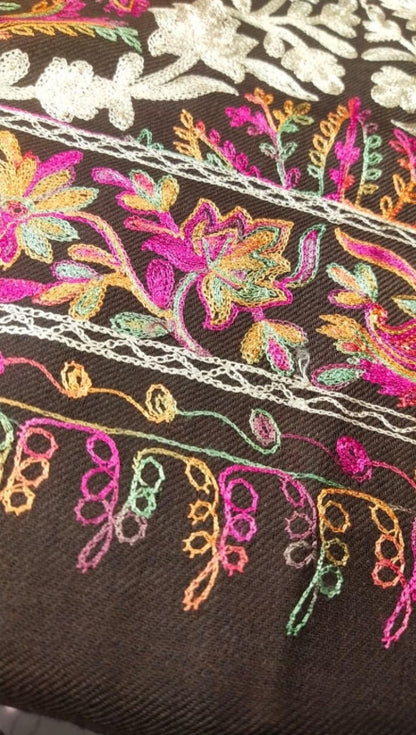 Kashmiri Pashmina Shawl - Aari Work on Brown Base | Diamond Jaal Design